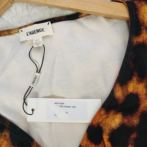 L'Agence Twisted V-Neck Leopard Print Puff Sleeve Blouse Brown Black XS NWT - Picture 9 of 9
